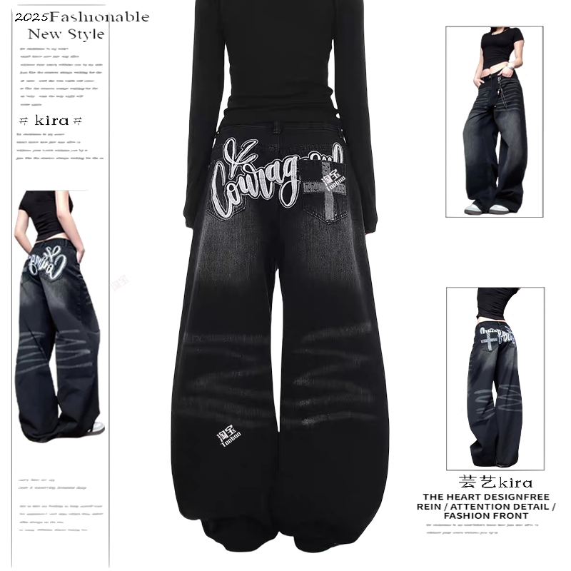 美式街头水洗刺绣印花弯刀牛仔裤女2025春秋季新款宽松显瘦拖地裤,女装/女士精品,牛仔裤,淘宝优惠券,粉丝福利购,淘宝优惠卷