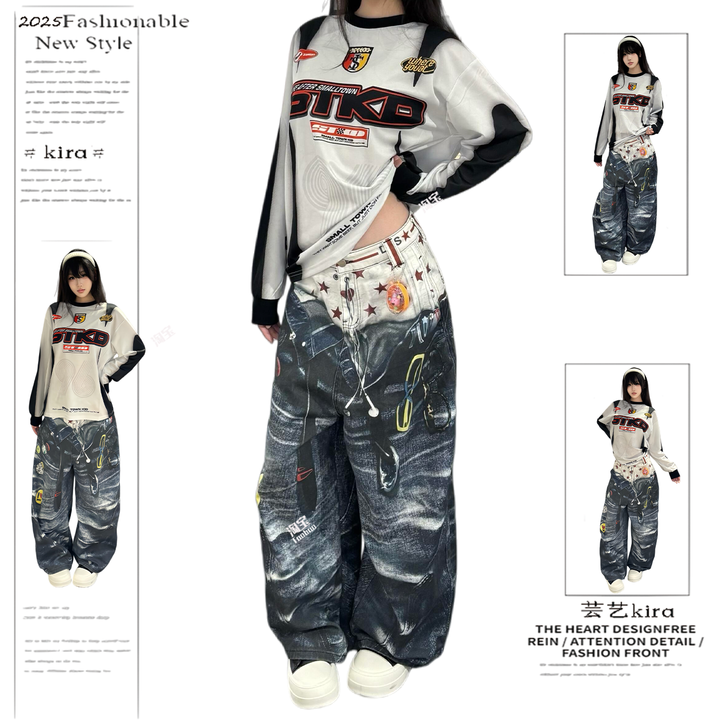 美式高街重磅3D打印双腰头牛仔裤