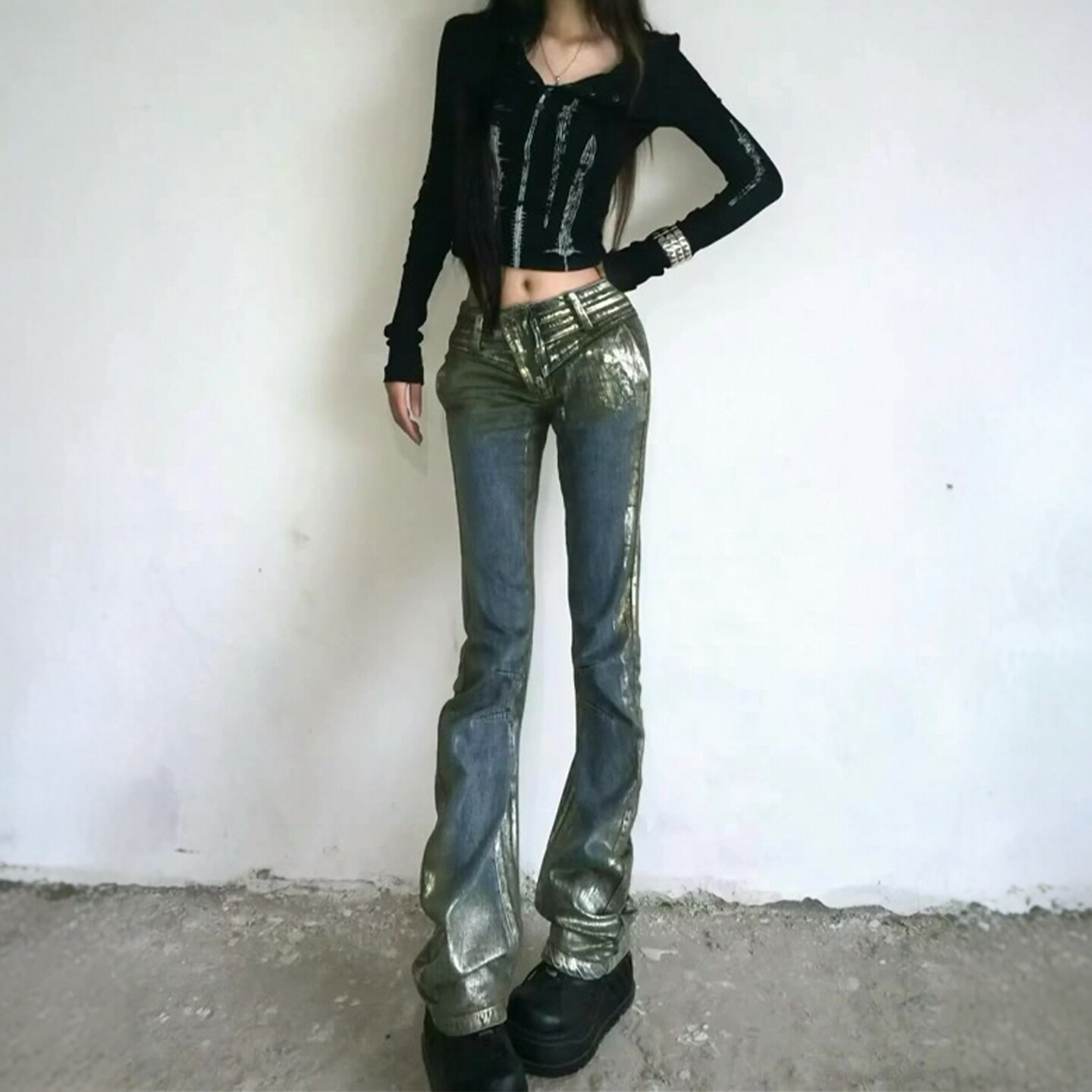 欧美时尚金属朋克风烫银弯刀牛仔裤女街头辣妹低腰修身显瘦拖地裤