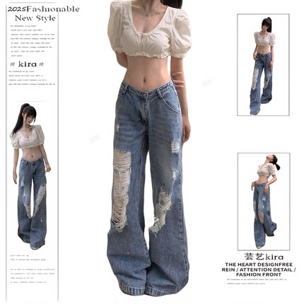 美式高街辣妹破洞牛仔裤女2025夏季设计感复古宽松bf慵懒风阔腿裤
