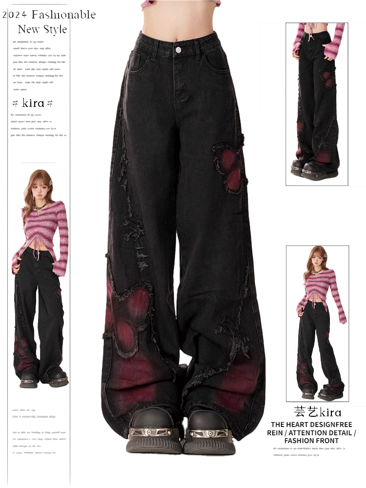 新款黑色晕染蝴蝶刺绣牛仔裤女