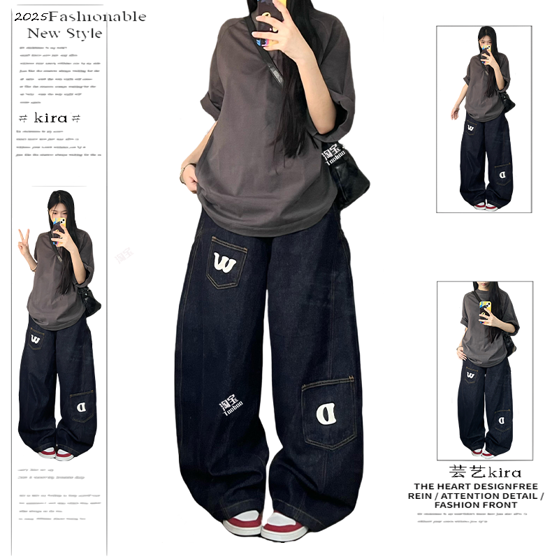 美式复古字母印花廓形弯刀牛仔裤