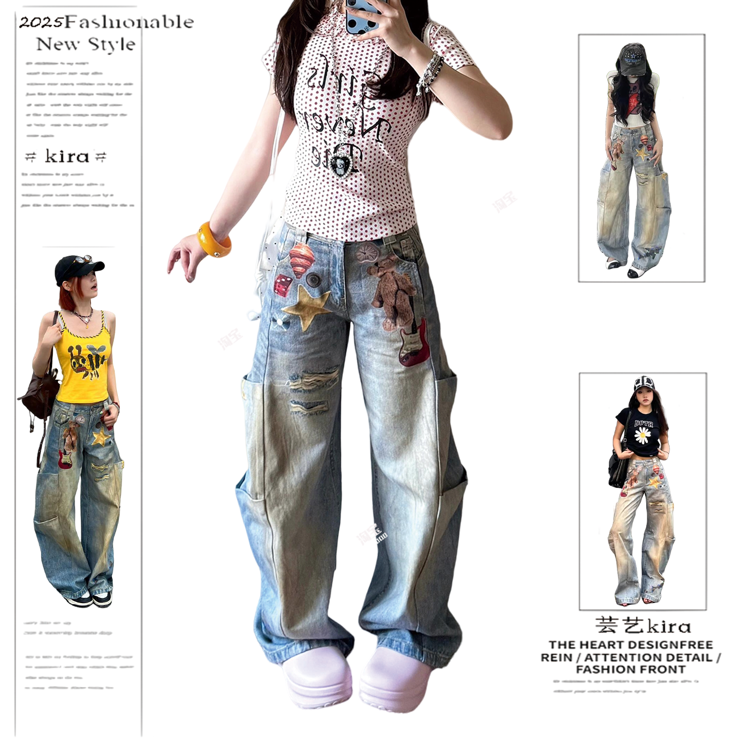 美式辣妹3D小熊印花弯刀牛仔裤女