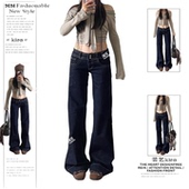 美式 辣妹显高显瘦阔腿拖地微喇长裤 复古排扣设计直筒牛仔裤 女新款