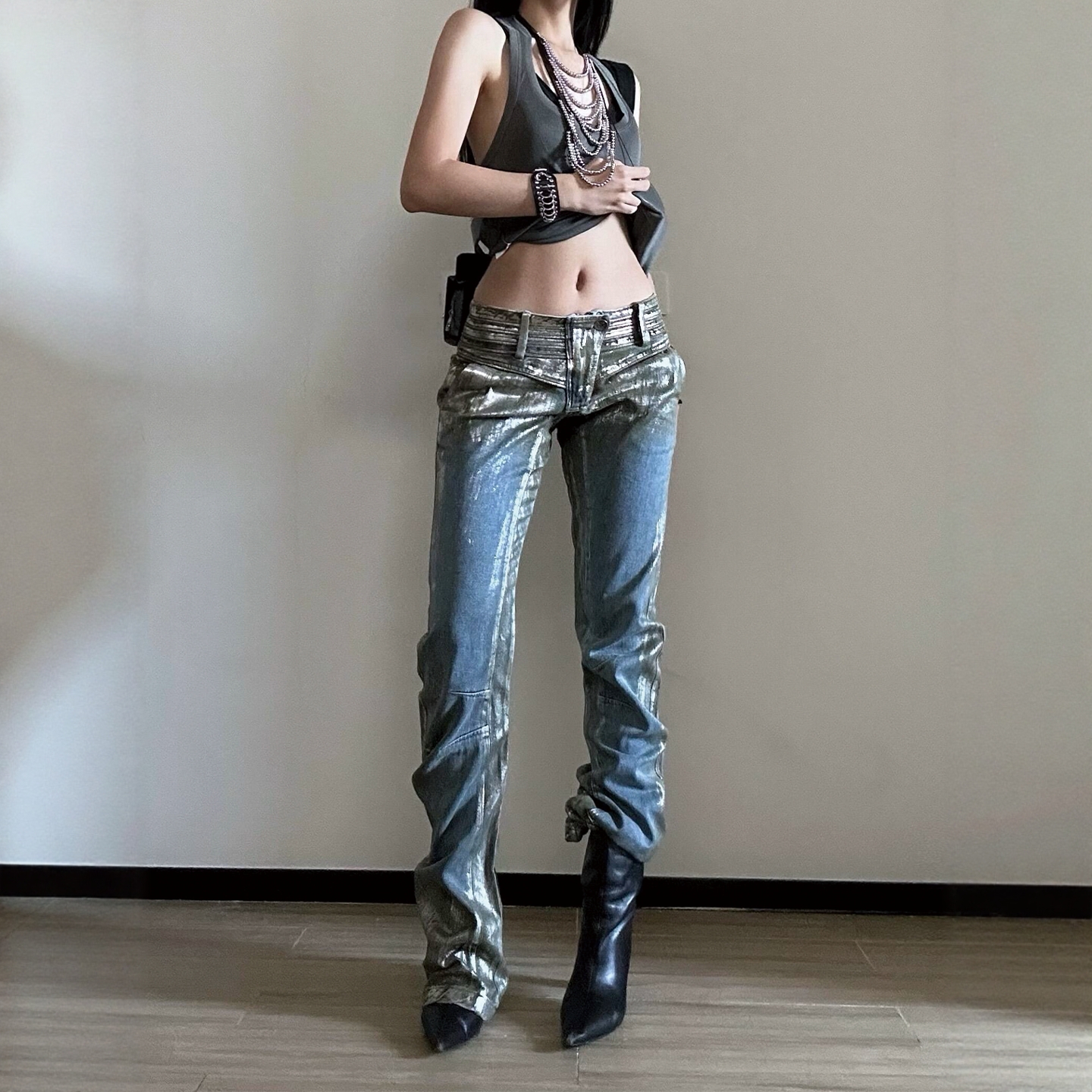 美式vibe多拉链解构刷金弯刀牛仔裤女高街辣妹修身显瘦垂感拖地裤