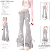 直筒百搭运动裤 甜妹风蝴蝶结拼接休闲卫裤 女学院风高腰开叉微喇裤