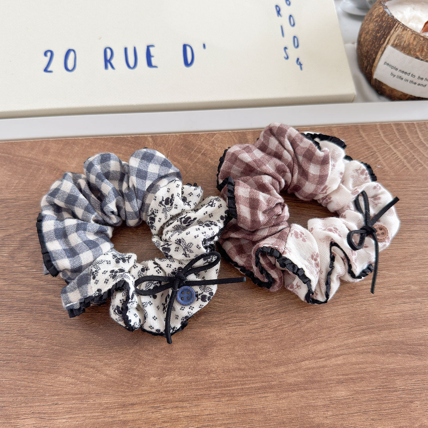 YOOH 韩系拼色碎花格子绒面发圈秋季新款蝴蝶结蕾丝边低马尾发饰