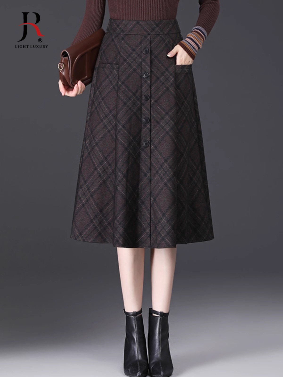 毛呢格子半身裙女春秋季2025新款高腰显瘦中长款大摆裙垂感伞裙子