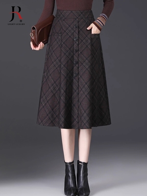 毛呢格子半身裙女春秋季2025新款高腰显瘦中长款大摆裙垂感伞裙子