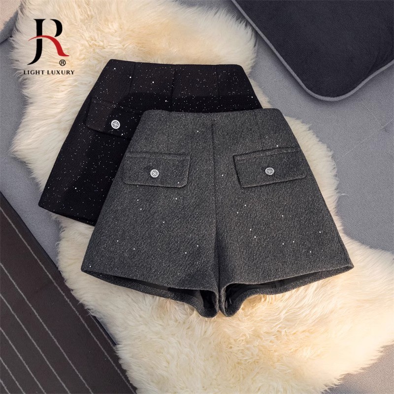 JQRX小香风亮闪闪短裤女小个子春秋季时尚毛呢高腰a字阔腿裤靴裤