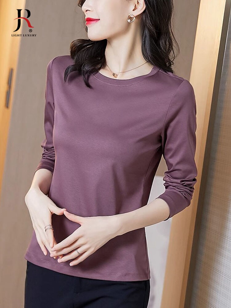 jqrx纯棉长袖t恤女2025春秋新款纯色圆领修身显瘦薄款打底衫上衣