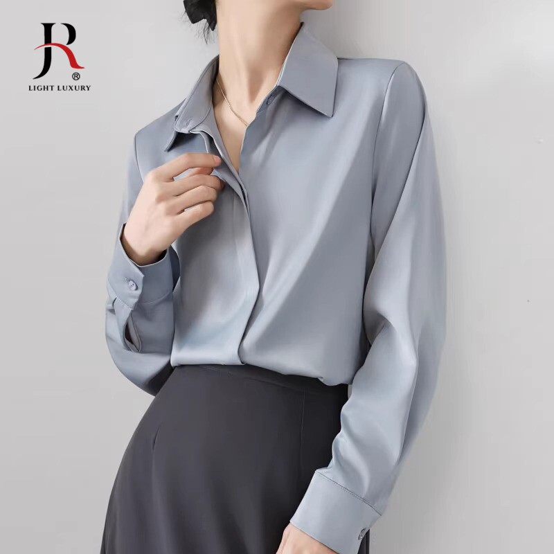 高级感缎面衬衫女装春季新款暗门襟垂感职业面试通勤法式长袖上衣