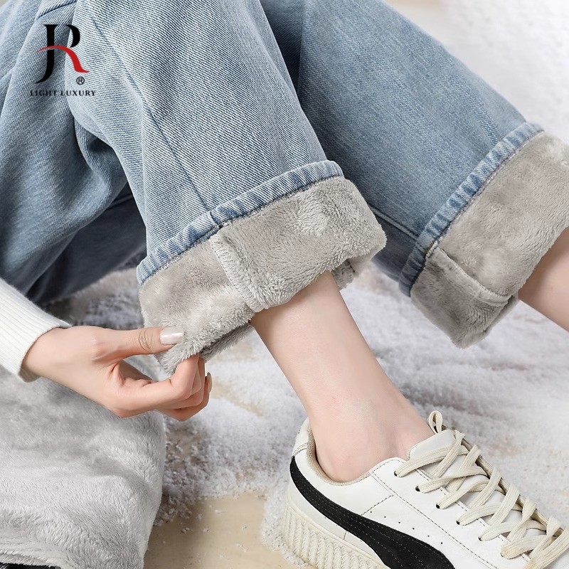 JQRX直筒牛仔裤女2025年春季新款高腰弹力显瘦宽松加绒加厚阔腿裤