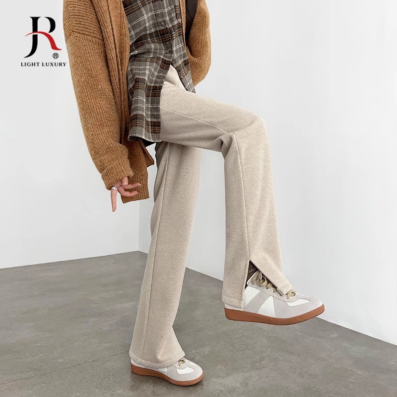 jqrx加绒直筒裤女2025新款春秋小个子高腰显瘦开叉人字纹阔腿裤