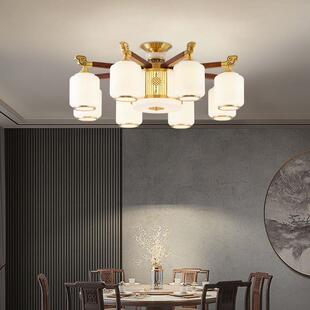 家用餐厅专用灯新中式黄铜吊灯实木客厅吊灯2024年新款高档别墅大