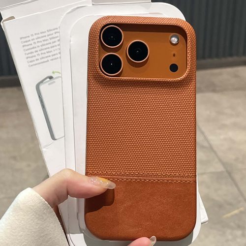 新款爱马橙编织纹素皮拼接适用苹果17pro手机壳新款iphone16promax磨砂15pro半包无边框14plus高级感13防摔12