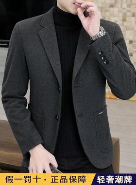 毛呢休闲西装外套男黑色秋冬款加厚潮流修身商务短款羊毛呢子西服