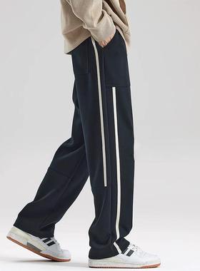 it neith BIAS秋冬新款针织运动卫裤男美式宽松直筒休闲条纹裤子