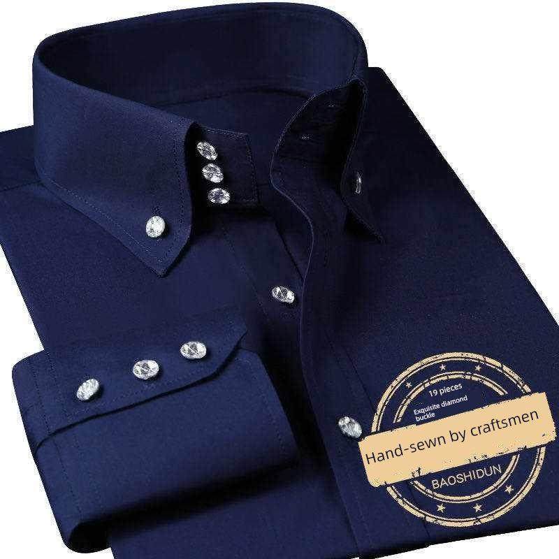 时尚品牌男士钻石无扣衬衫春夏商务修身高领帅气正式时尚高端衬衫