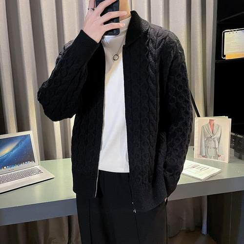 潮牌针织开衫外套男士2024秋冬季新款扭花加厚上衣青年拉链毛衣男