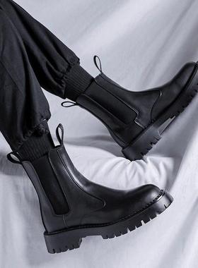 潮牌真皮切尔西靴男2024秋冬季英伦中帮皮鞋高帮马丁靴厚底烟筒靴