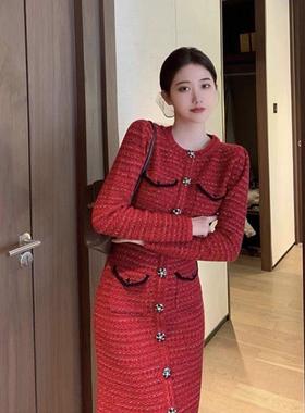 欧洲站秋冬新款法式名媛小香风气质内搭订婚礼服红色针织连衣裙子