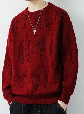 红色毛衣男士潮流提花针织衫秋冬季圆领上衣服加厚款保暖打底线衫
