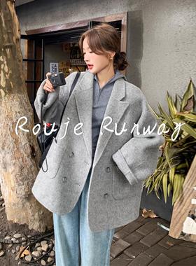 Rouje Runway法式灰色毛呢西装女冬季双面羊绒大衣气质呢子外套