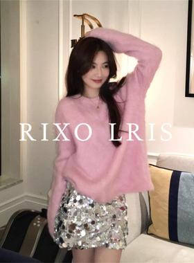 RIXO LRIS法式粉色圆领慵懒套头马海毛加厚外穿毛衣针织衫女秋冬