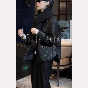 Rouje 复古菱形格皮衣外套女秋冬加厚夹棉夹克棉服上衣 kefss法式
