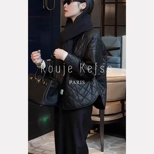Rouje kefss法式复古菱形格皮衣外套女秋冬加厚夹棉夹克棉服上衣