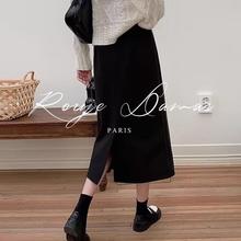 Rouje Damas黑色毛呢半身裙女冬季高腰中长款西装包臀开叉a字裙子
