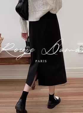 Rouje Damas黑色毛呢半身裙女冬季高腰中长款西装包臀开叉a字裙子