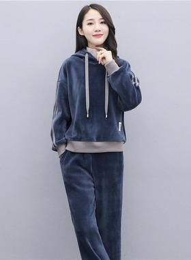 Lusam 2025新款冬季加绒休闲时尚卫衣套装女金丝绒连帽运动两件套
