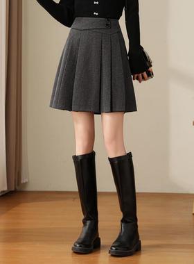 烟灰色短裙百褶裙秋冬女新款高腰显瘦a字裙防走光遮胯小个子伞裙