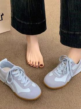 香港真皮蓝色德训鞋女秋季2025新款爆款软底平底休闲运动阿甘板鞋