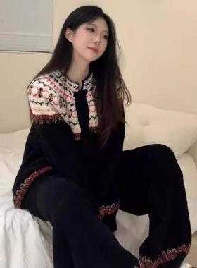 法国ZAYVIAR可爱少女民族风半边绒睡衣女2025秋冬加厚家居服套装