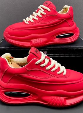 潮牌秋冬季新款红色软底防滑耐磨老爹鞋高级感痞帅百搭休闲运动鞋