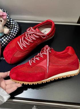 香港真皮内增高红色德训鞋女秋季2025新爆款网面透气运动阿甘板鞋
