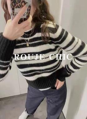 rouje chic法式2024秋冬新款黑白条纹针织衫毛衣女宽松设计感小众