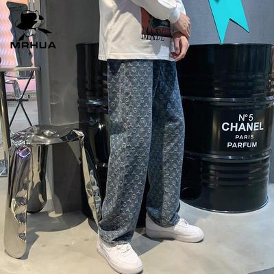美式高街牛仔长裤男秋冬宽松直筒阔腿裤潮流百搭ins潮牌印花裤子