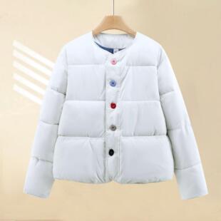 韩系宽松奶蓝色无帽圆领棉服外套女冬季小个子加厚短款棉衣棉袄潮