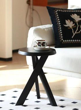 黑色复古沙发茶边几家用床边中古置物小桌子小户型客厅日式矮圆几