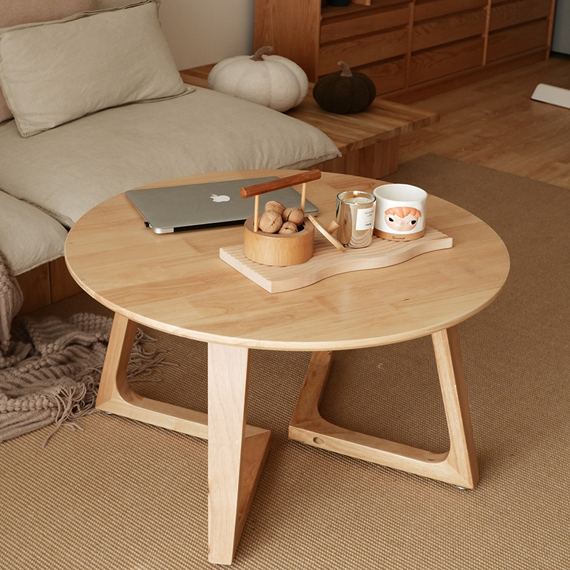 小户型日式圆形实木茶几客厅家用原木简约矮桌子阳台泡茶边几组合