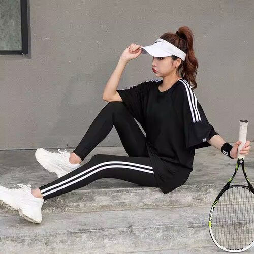 运动打球跑步短袖套头T恤宽松遮肚包臀显瘦压扛长裤健身服套装女