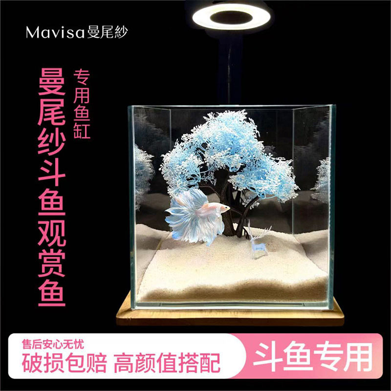 曼尾纱新款桌面斗鱼缸超白玻璃缸小型家用办公室工位创意造景摆件