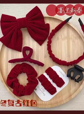 红色丝绒蝴蝶结发夹女敬酒服头饰高级感新娘后脑勺半扎发弹簧夹子