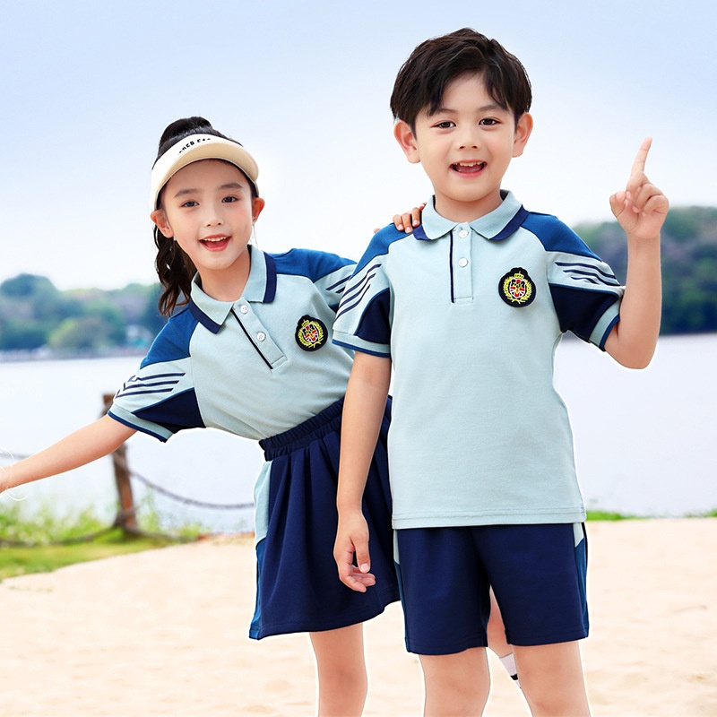 幼儿园园服短袖套装英伦风儿童六一中小学生校服蓝色男女生