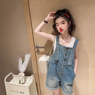 背帶中大童套裝 女童背帶褲 牛仔新款 女孩短褲 2025夏季 兩件套現(xiàn)貨
