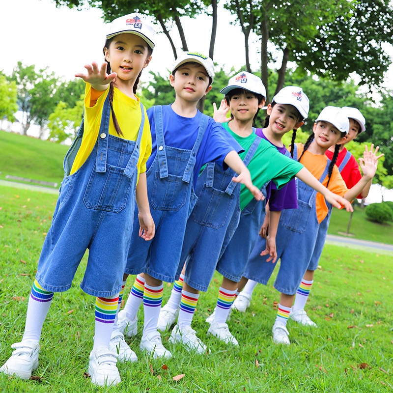 儿童啦啦操演出服幼儿园牛仔裤班服小学生糖果色合唱服舞蹈表演服